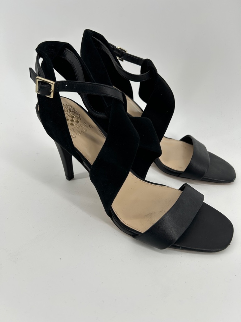 Vince Camuto black leather and suede strappy open-toe heels Women's Size 10 - Picture 2 of 7